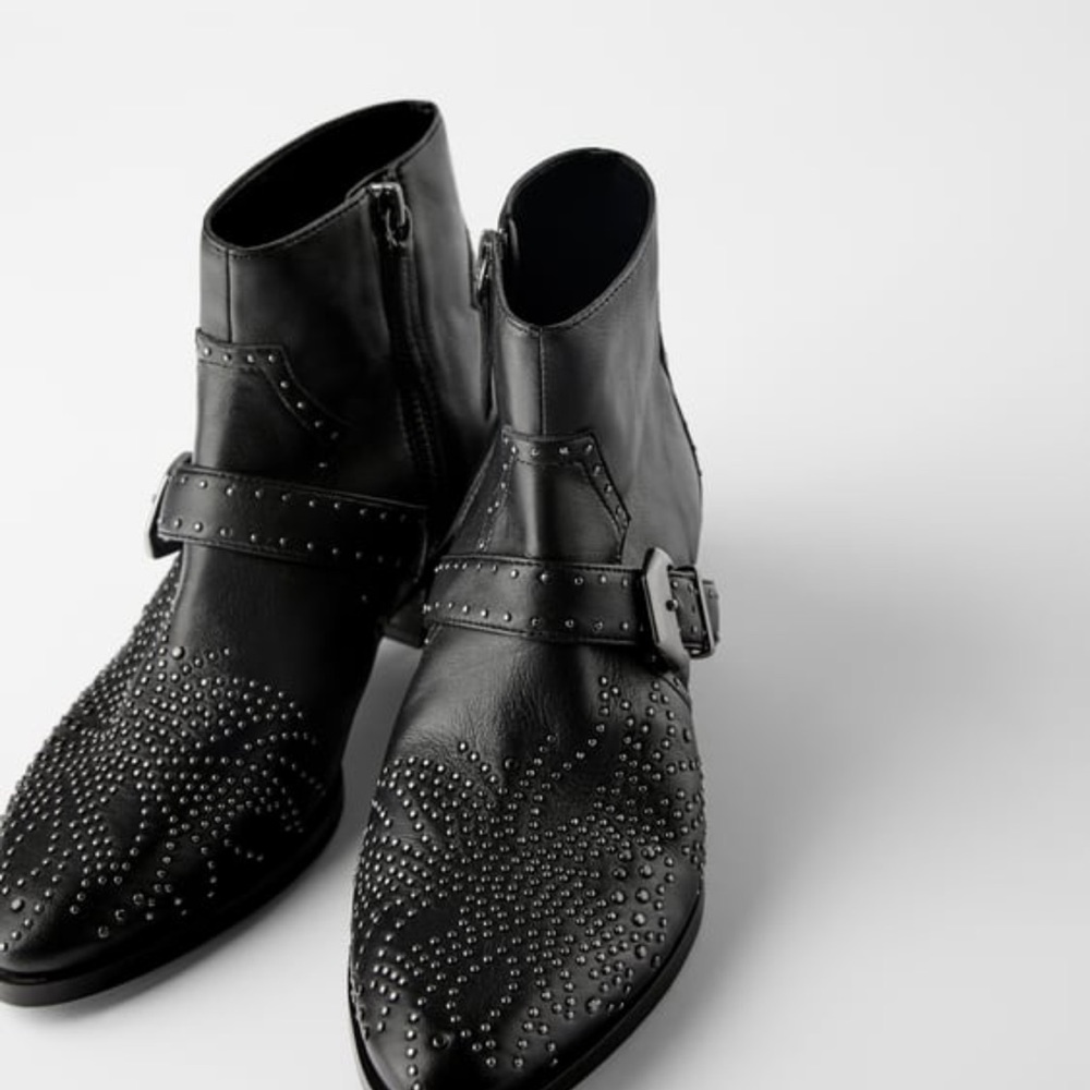 ZARA | Cowboy Heel Leather Ankle Micro Stud Boots